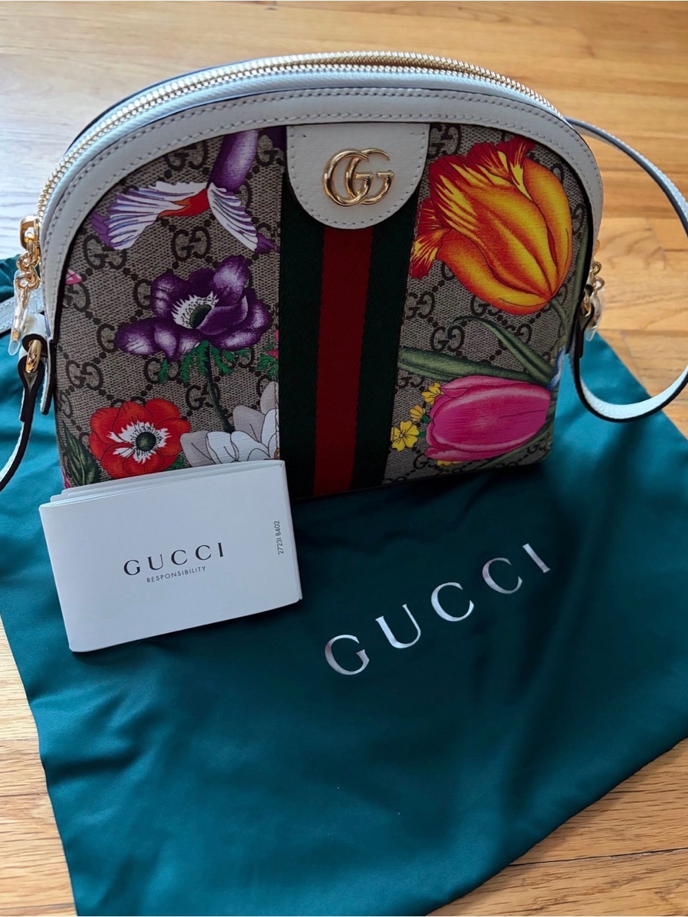 Gucci Floral GG Supreme Small Dome Crossbody Bag with White Trim